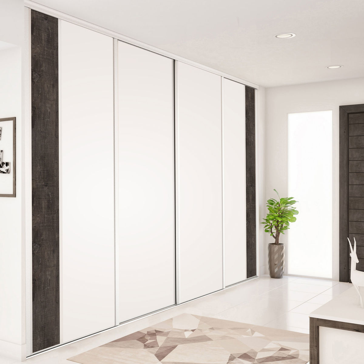 Façade de placard coulissante 4 portes décor blanc mat, décor bois fumé brut