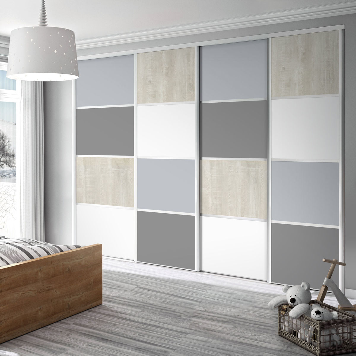 Façade de placard coulissante 4 portes décor gris galet, décor gris intense, décor bois flotté crème, décor blanc mat