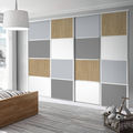 Façade de placard coulissante 4 portes décor gris galet, décor gris intense, décor chêne naturel, décor blanc mat