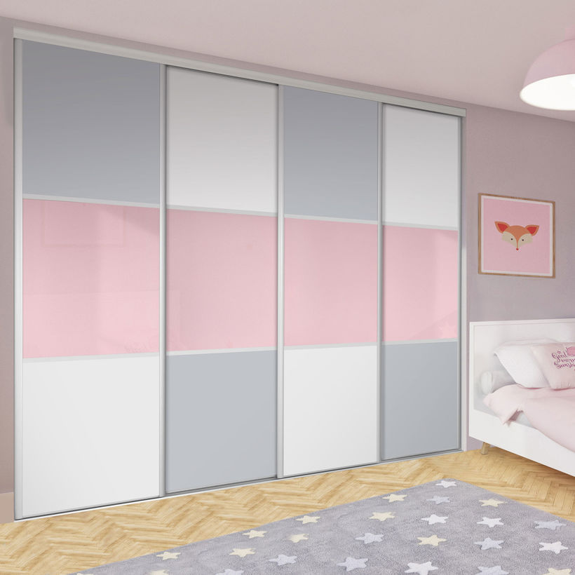 Façade de placard coulissante 4 portes décor gris galet, verre laqué rose pastel, décor blanc mat