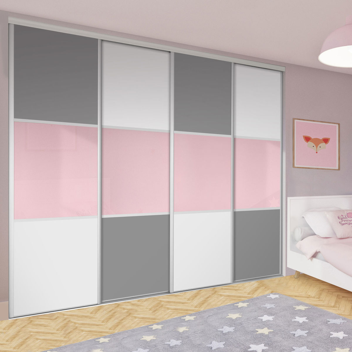 Façade de placard coulissante 4 portes décor gris intense, verre laqué rose pastel, décor blanc mat