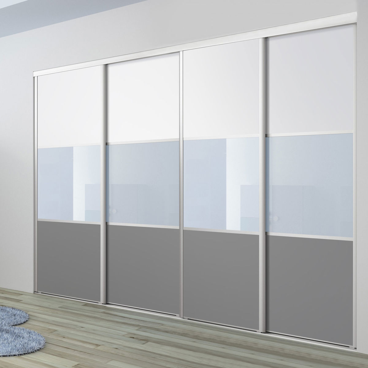 Façade de placard coulissante 4 portes décor blanc mat, verre laqué bleu pastel, décor gris intense