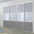 Façade de placard coulissante 4 portes décor gris galet, verre laqué bleu pastel, décor gris intense