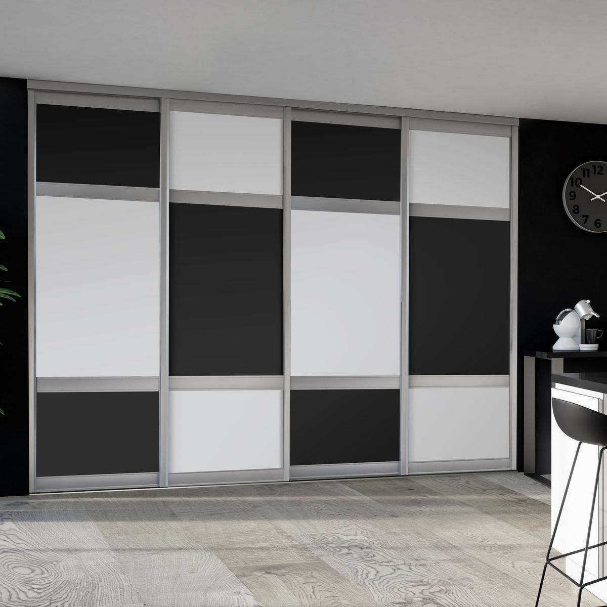 Façade de placard coulissante 4 portes décor blanc mat, décor noir intense