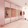 Façade de placard coulissante 4 portes verre laqué rose pastel, miroir bronze