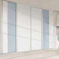 Façade de placard coulissante 4 portes verre laqué bleu pastel, décor blanc mat