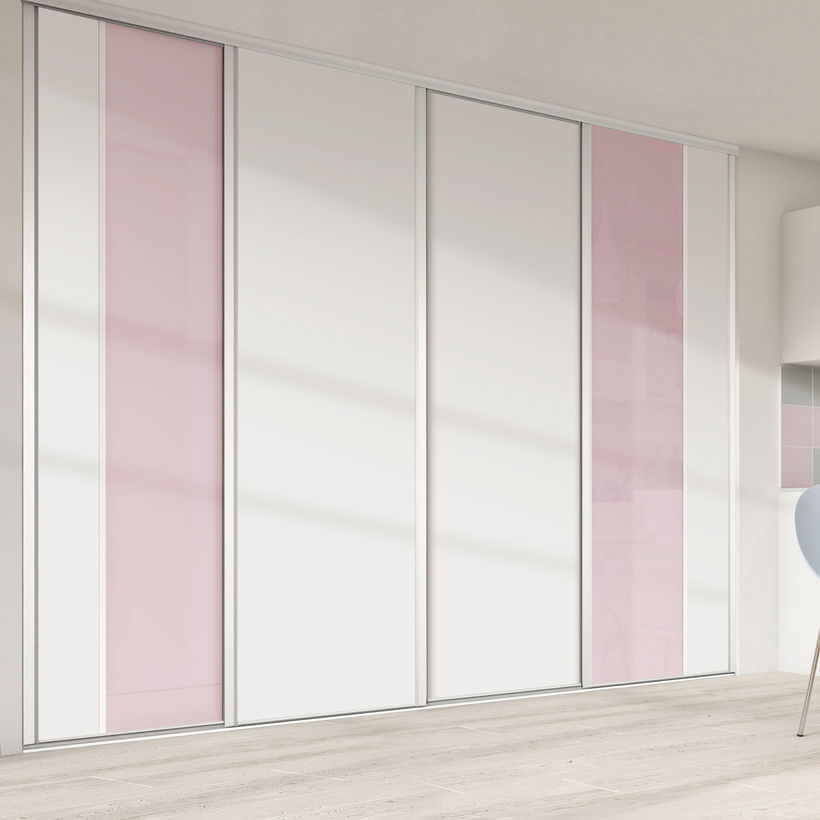 Façade de placard coulissante 4 portes verre laqué rose pastel, décor blanc mat