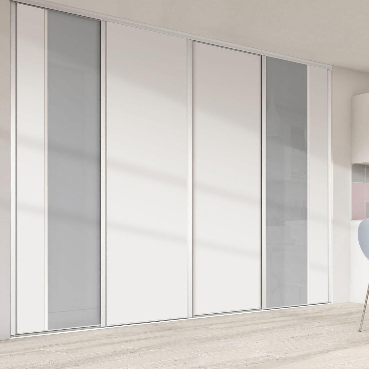 Façade de placard coulissante 4 portes verre laqué gris perle, décor blanc mat