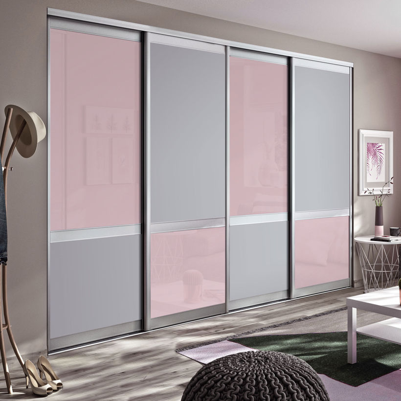 Façade de placard coulissante 4 portes verre laqué rose pastel, décor gris galet