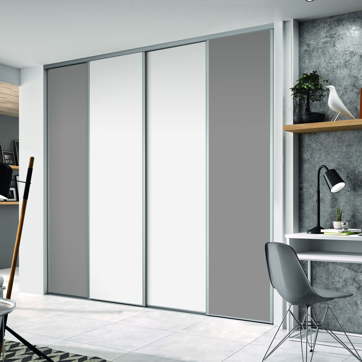 Façade de placard coulissante 4 portes décor gris intense, décor blanc mat