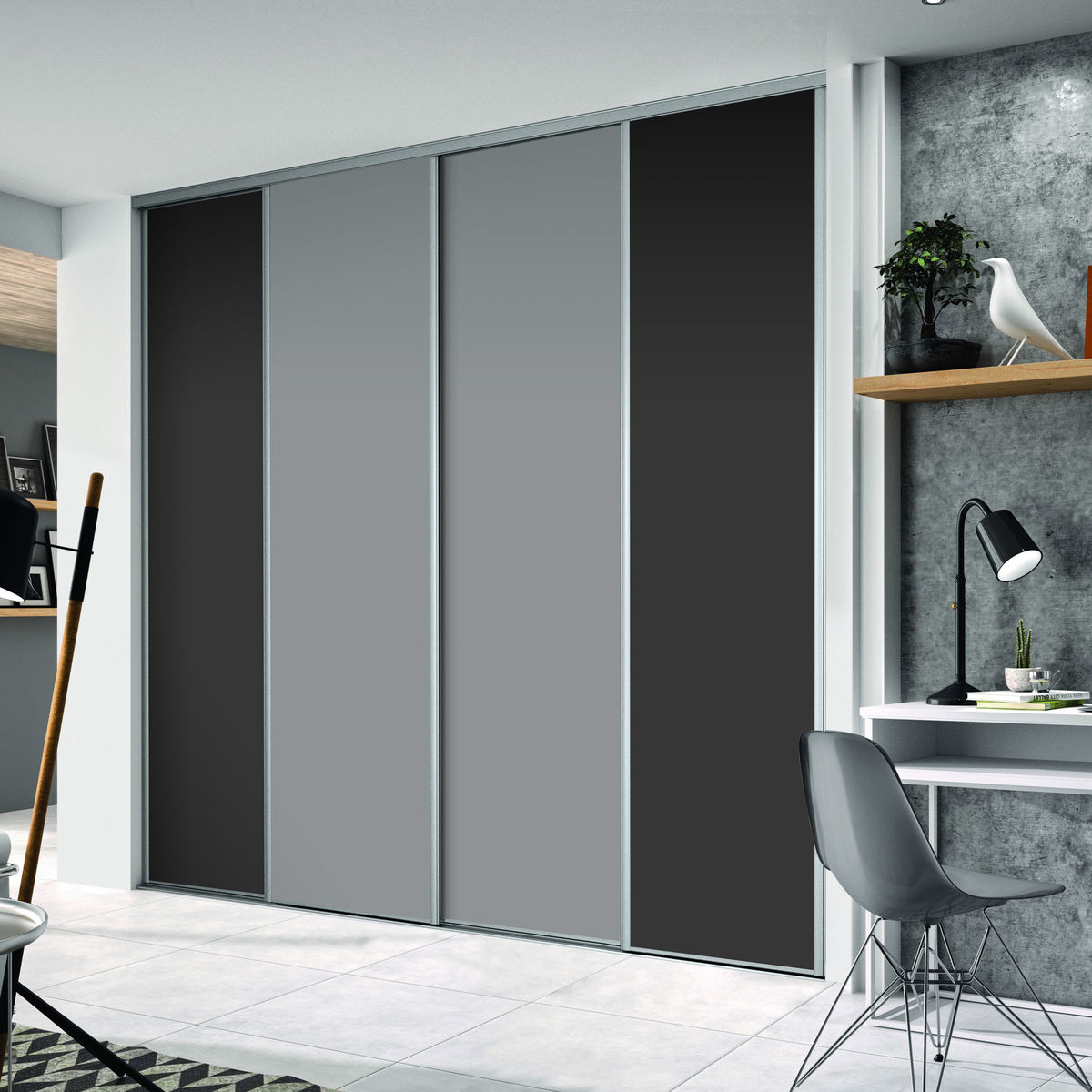 Façade de placard coulissante 4 portes décor gris intense, décor noir intense