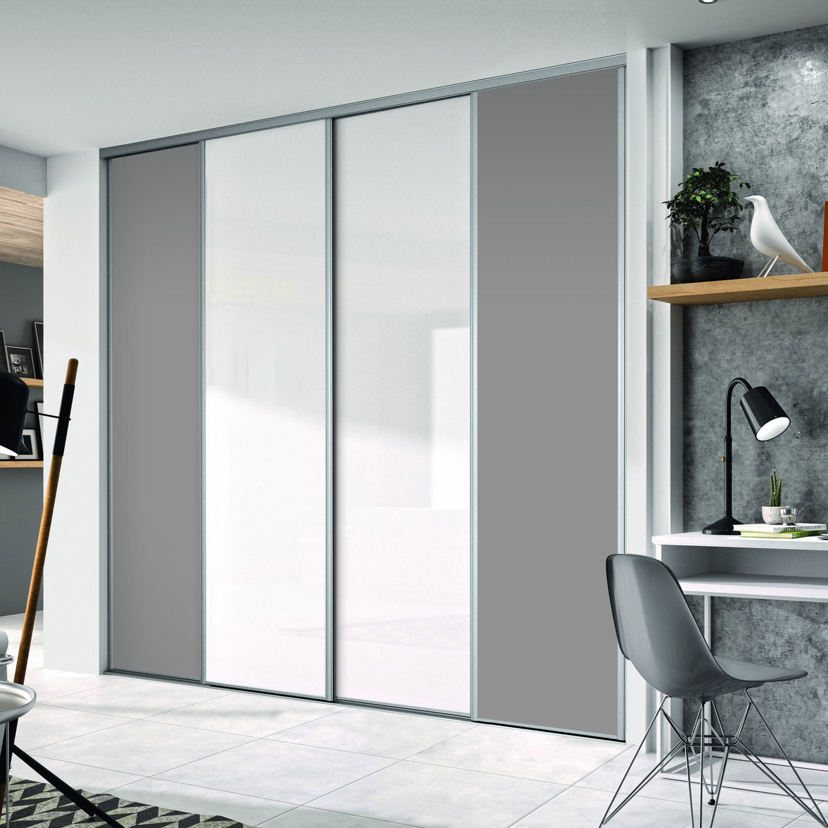 Façade de placard coulissante 4 portes verre laqué blanc pur, décor gris intense