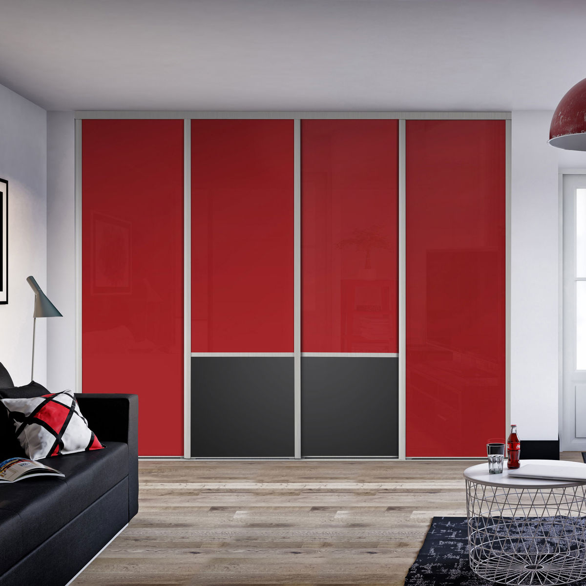 Façade de placard coulissante 4 portes verre laqué rouge, décor noir intense