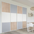 Façade de placard coulissante 4 portes décor gris galet, décor blanc mat, décor acacia clair