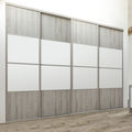 Façade de placard coulissante 4 portes décor frêne tabac, décor blanc mat