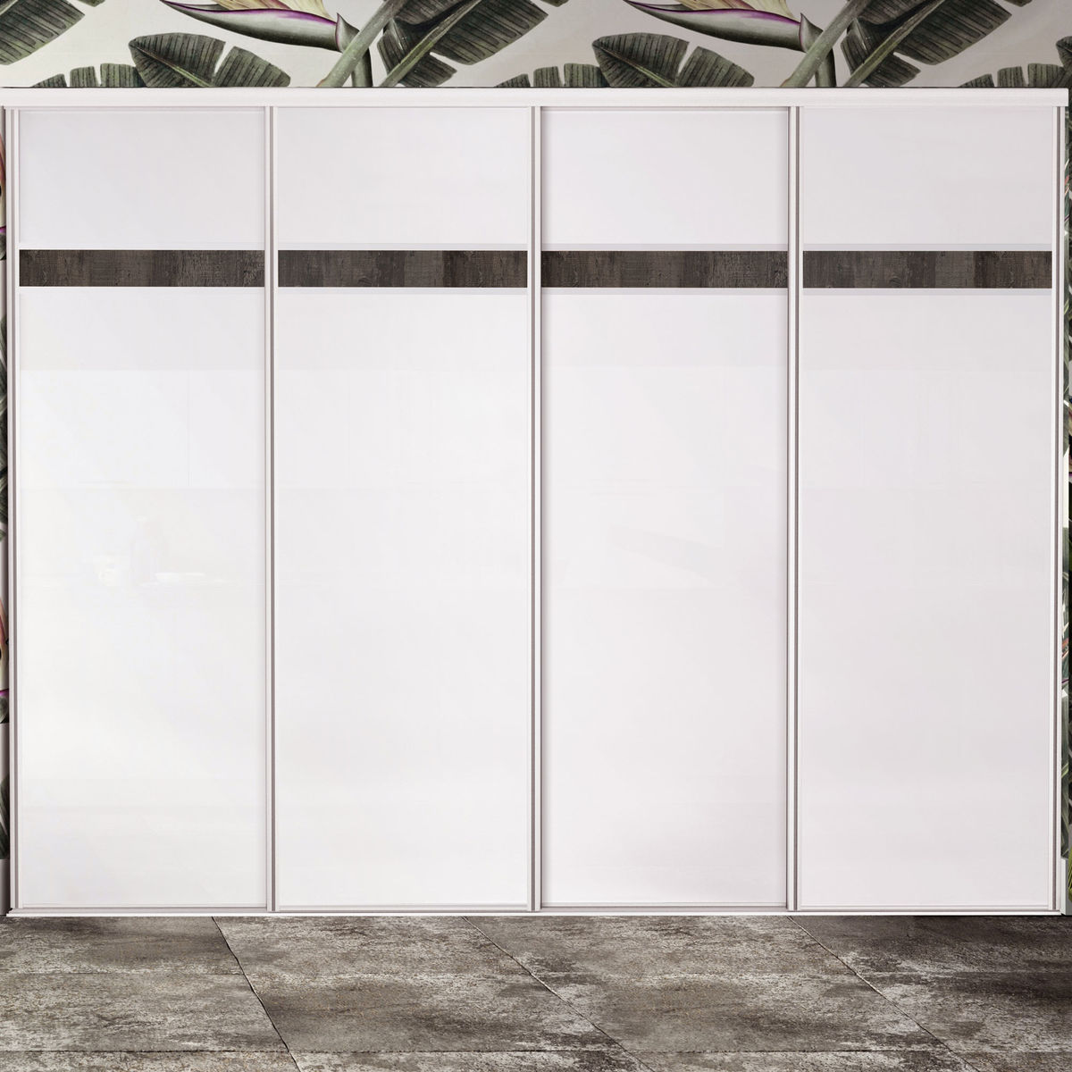 Façade de placard coulissante 4 portes verre laqué blanc pur, décor bois fumé brut