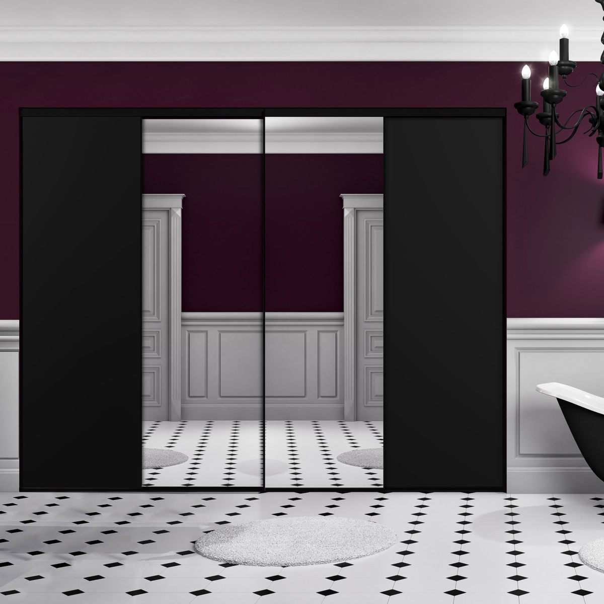 Façade de placard coulissante 4 portes décor noir intense, miroir argent
