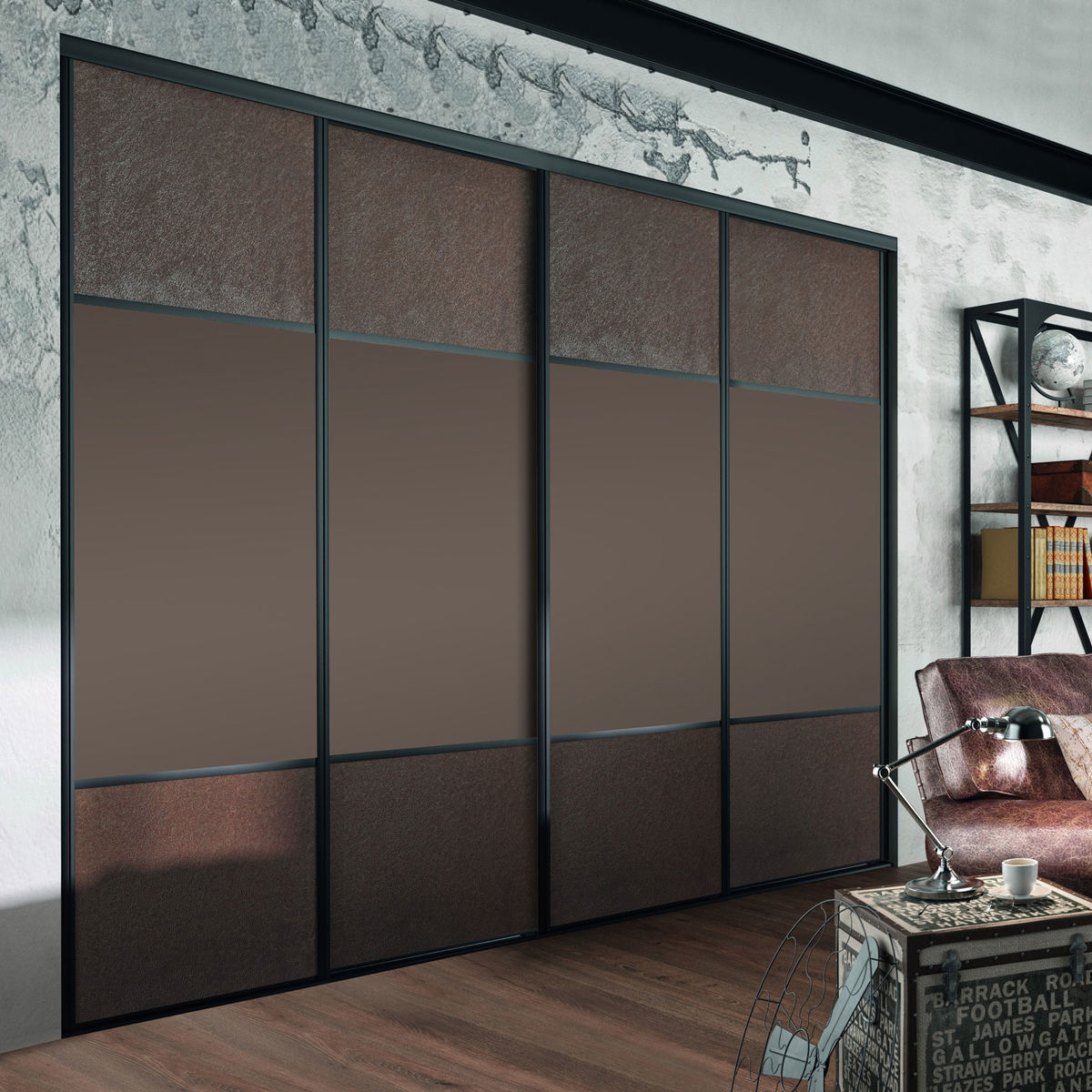 Façade de placard coulissante 4 portes effet cuir vintage brun, décor châtaigne