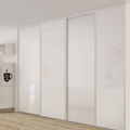 Façade de placard coulissante 4 portes verre laqué blanc pur mat, verre laqué blanc pur